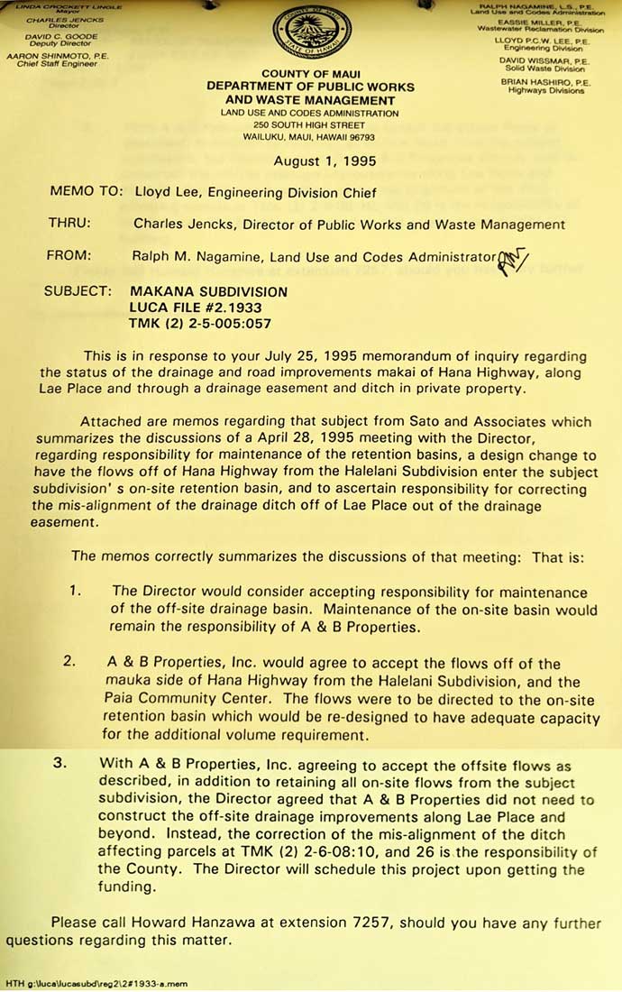 County Approval for A&B's Proposed Drainage Solution